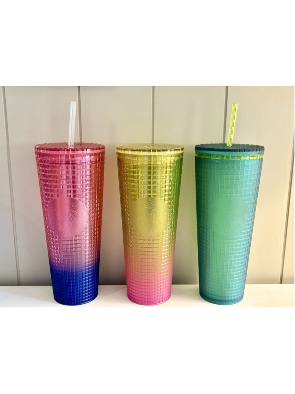 Lot (3) Starbucks Tumbler 24 oz Venti Iridescent Ombré Grid Vibrant Pink Green +